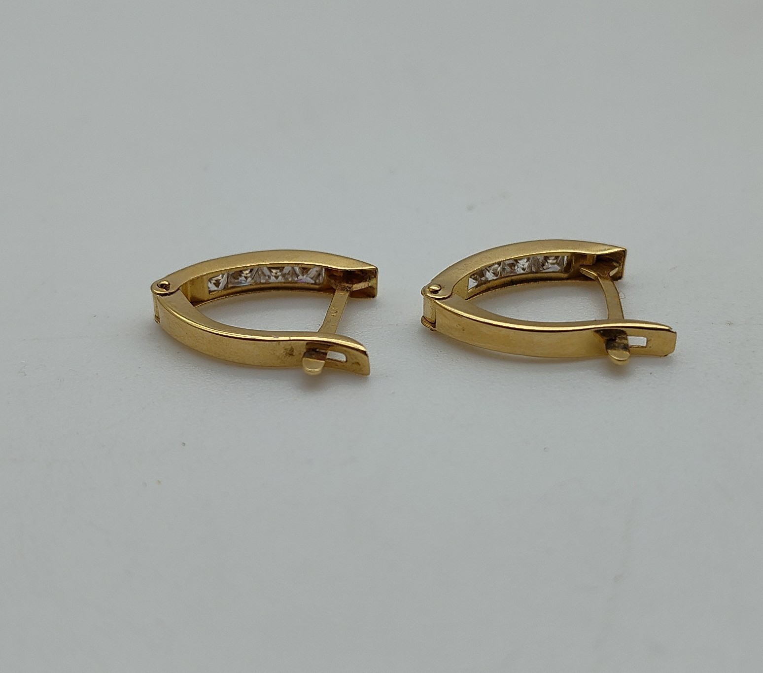 Vintage Hinge Hoop Clear Stone 14k Solid Yellow Gold Post Earrings Dangle Drop