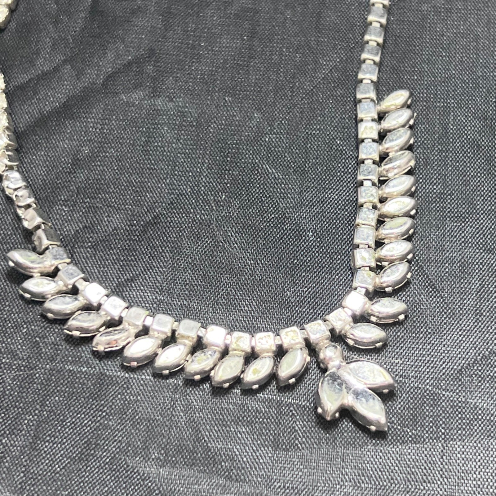 Vintage Blue Yellow Rhinestone Choker Necklace Silver Tone Marquise Bib 16.5in