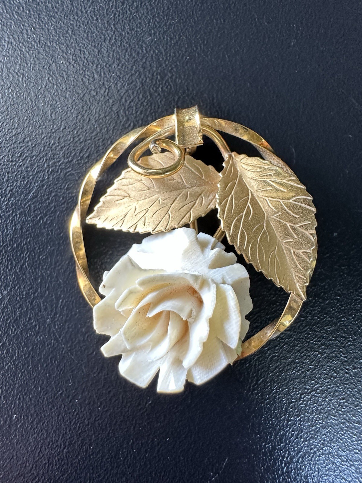 Vintage K.L. 12GF Brooch with White Carved Rose Brooch