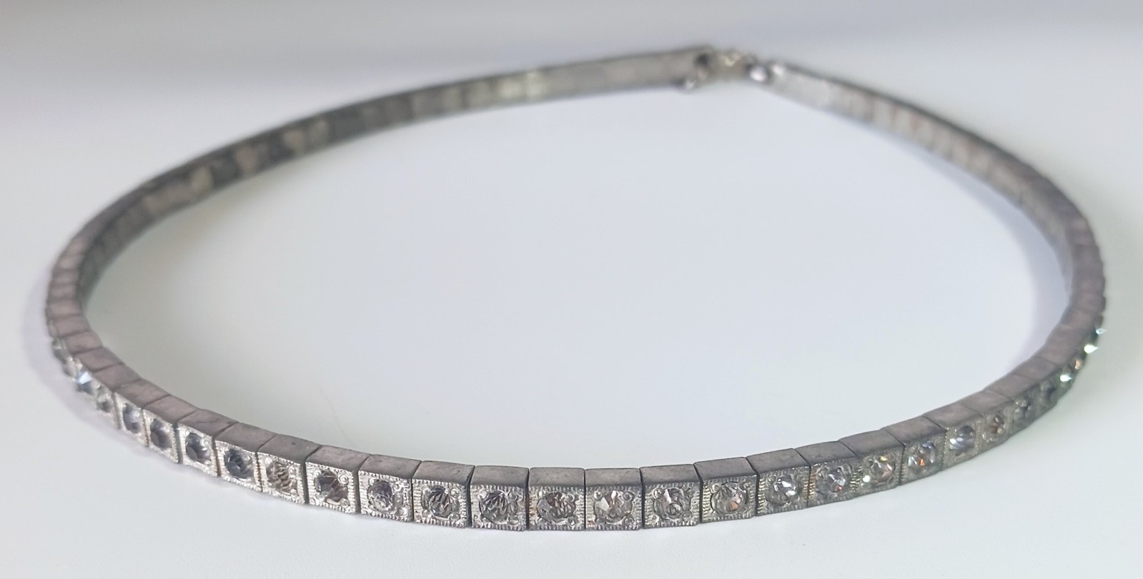Vtg (Antique?) Silver-tone Clear Rhinestone Rigid Tennis-style Necklace 16″