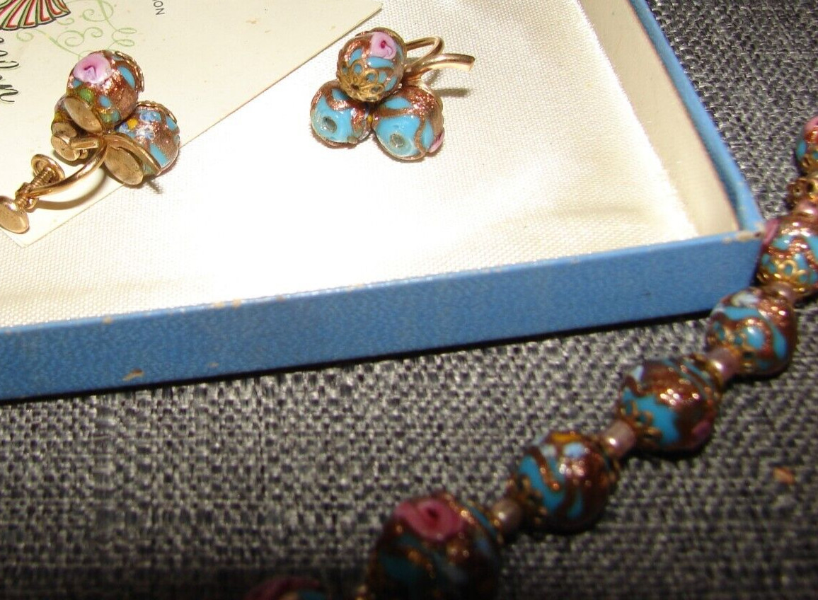 Vintage Venetian Murano Pink Blue Wedding Cake Beads Necklace and Clip Earrings