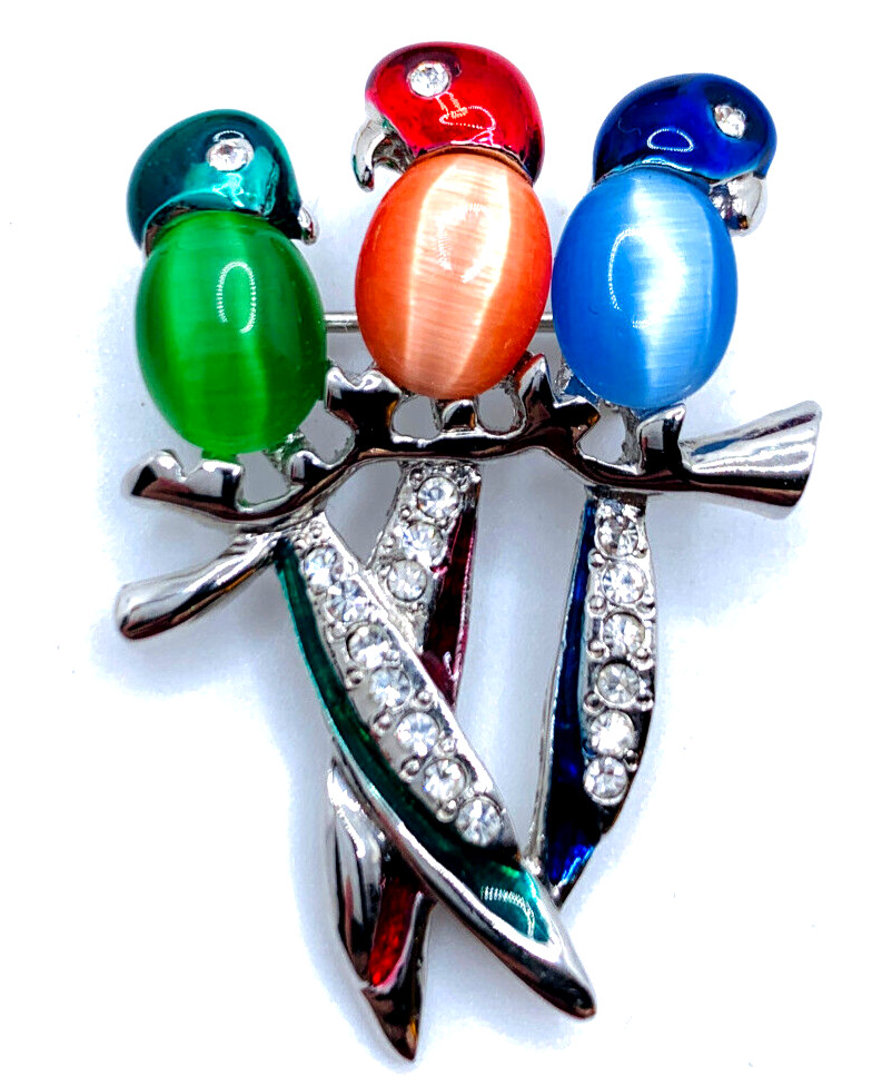 Unsigned Vintage Gold Tone 3 Jelly Belly Parrots/Birds Green Red Blue Brooch Pin