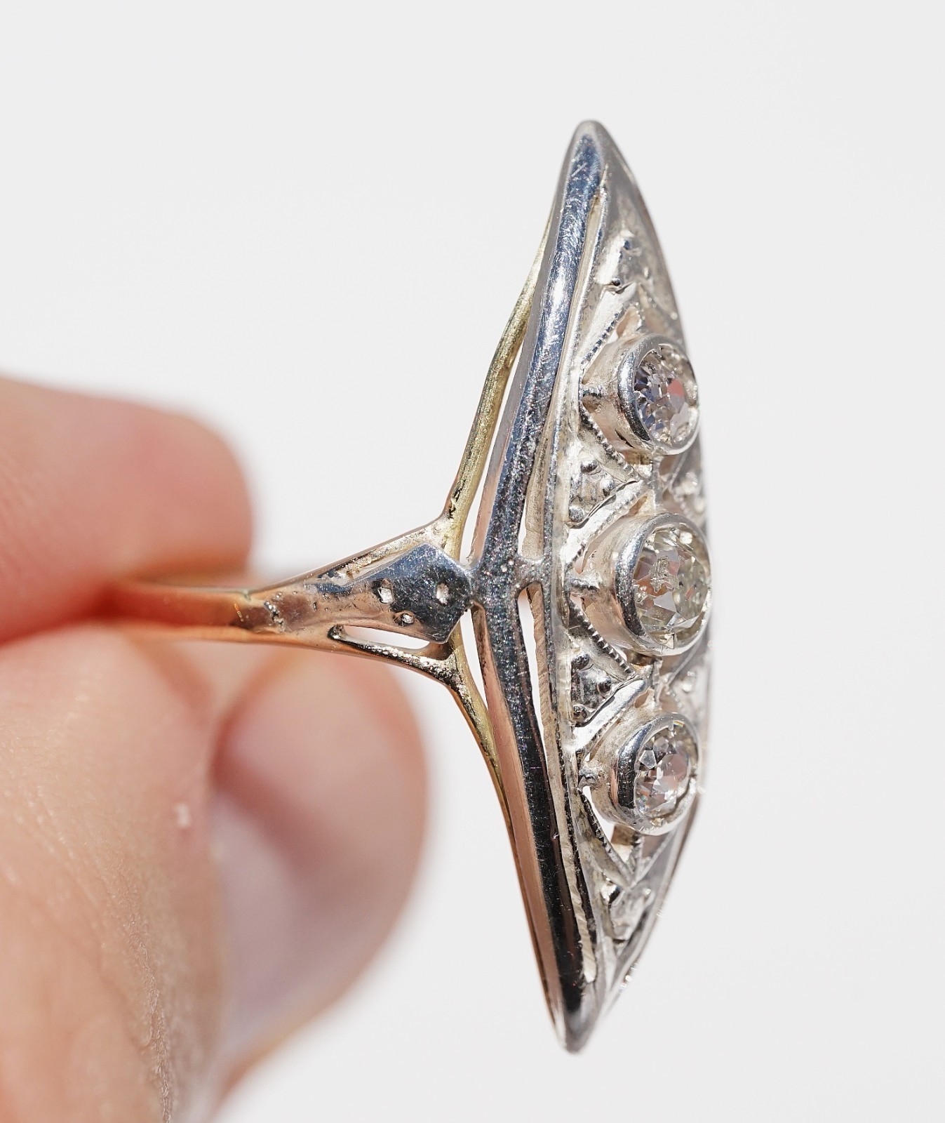 Antique Edwardian 12k Solid Gold Natural Old European Cut Ring Filigree Navette