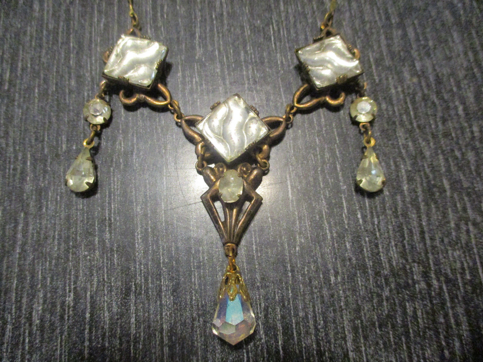 Antique Victorian Edwardian Vintage Dangle Drop Molded Glass Foil Back Necklace