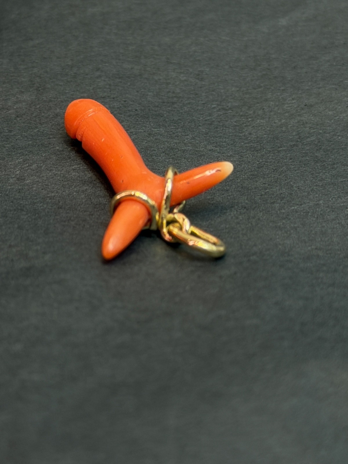 19c. Victorian 14k Gold Red Undyed Coral Phallus Fertility Amulet Fob Pendant