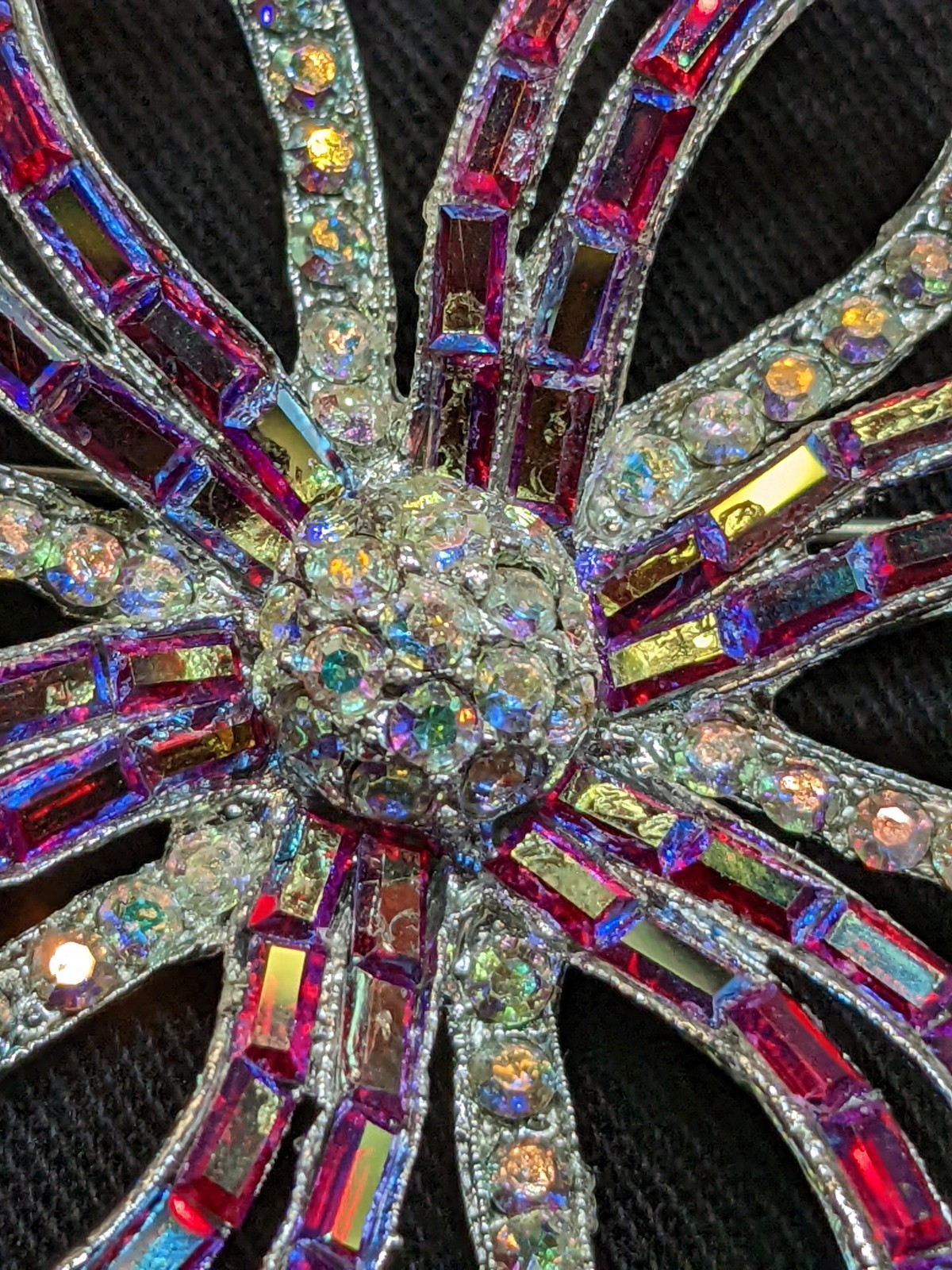 Vtg Flower Brooch Red Baguette Rhinestone AB Crystal Silver Tone Starburst Pin
