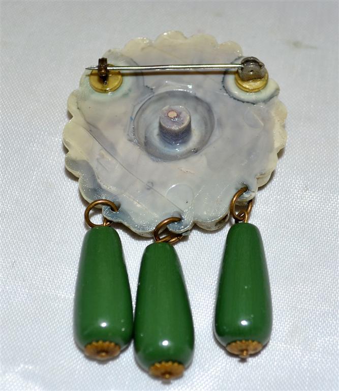 Vintage Cream & Purple Early Plastic Flower Pin with 3 Dark Green Wood Tassels