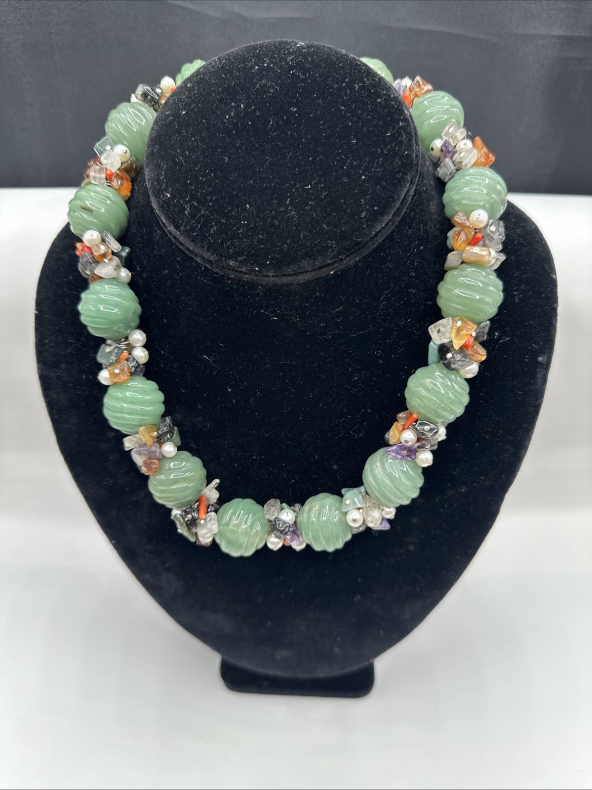 Unique Jadeite and Semiprecious Stones Vtg Necklace. Sterling Silver Closure.