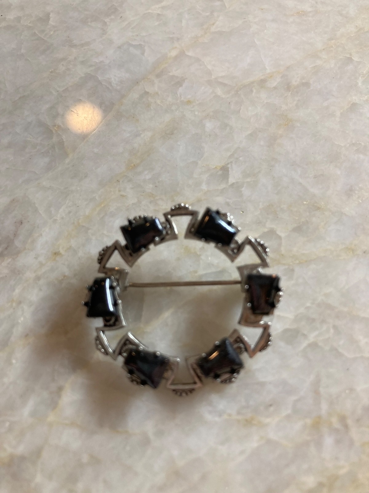 Vintage Silver Tone Brooch/Pin With Black Stone