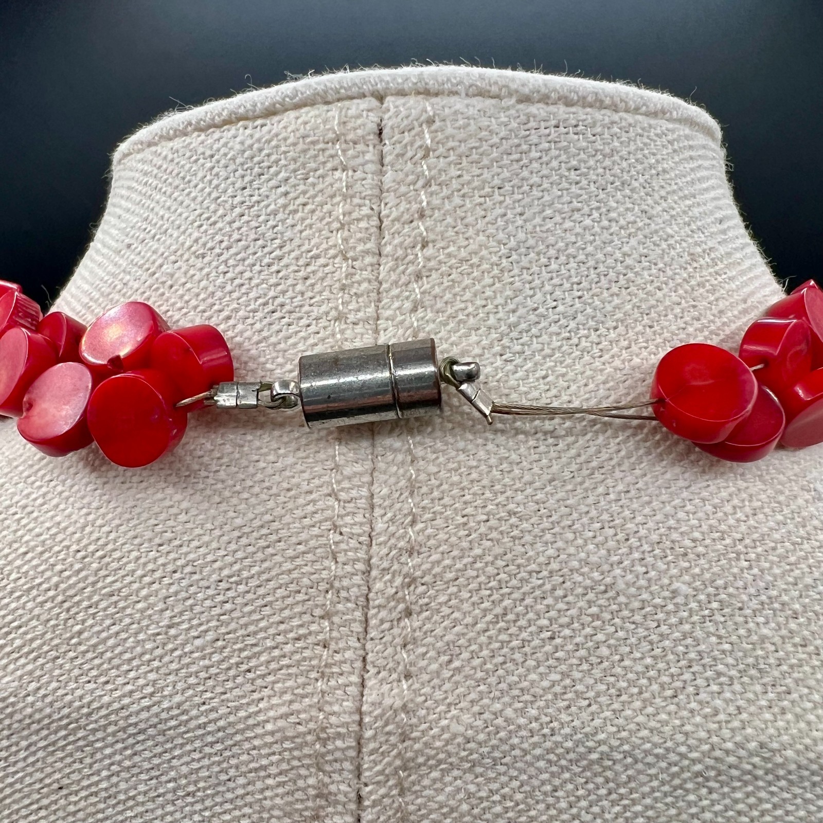Vintage Natural Red Coral Necklace Double Strand Choker Disc Cube Beads 16″