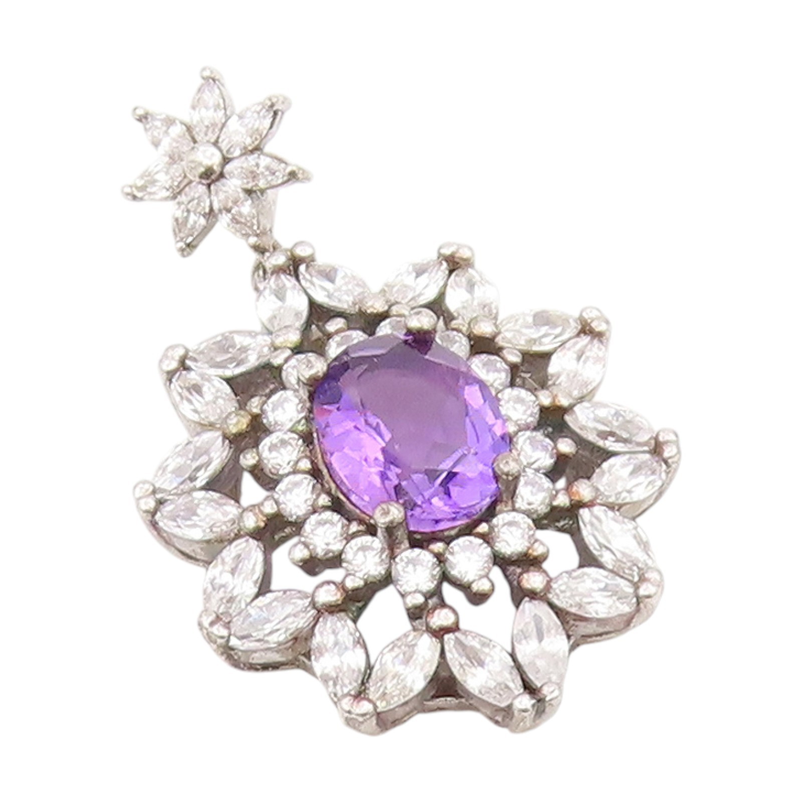 925 Sterling Silver Vintage Pendant Amethyst & Halo CZ Floral Cluster PT25563