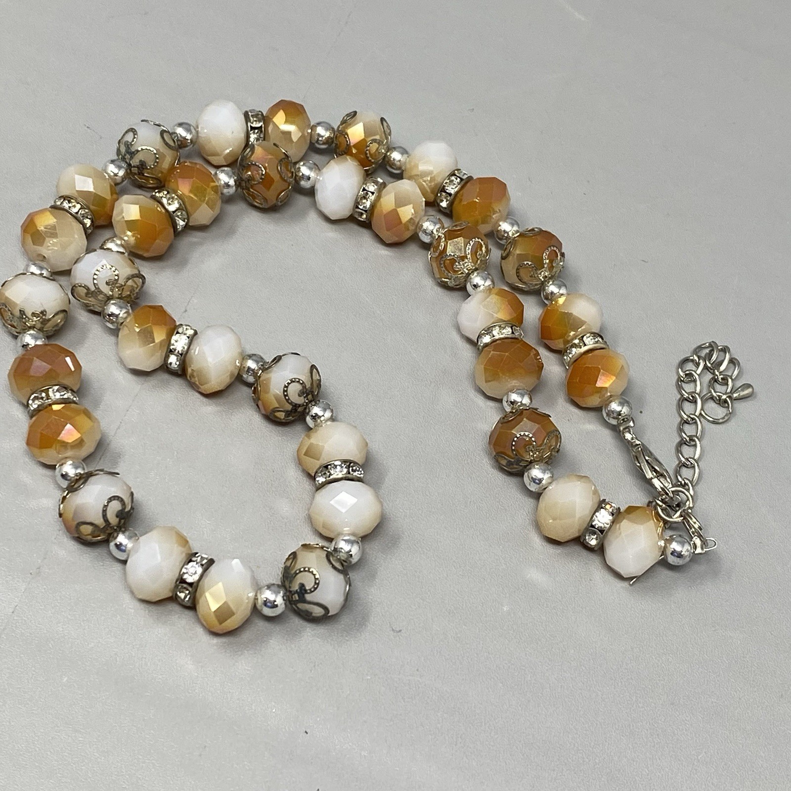 Glass Beaded Necklace White Orange Faceted Fire Polished Metal Caps Collar 21″