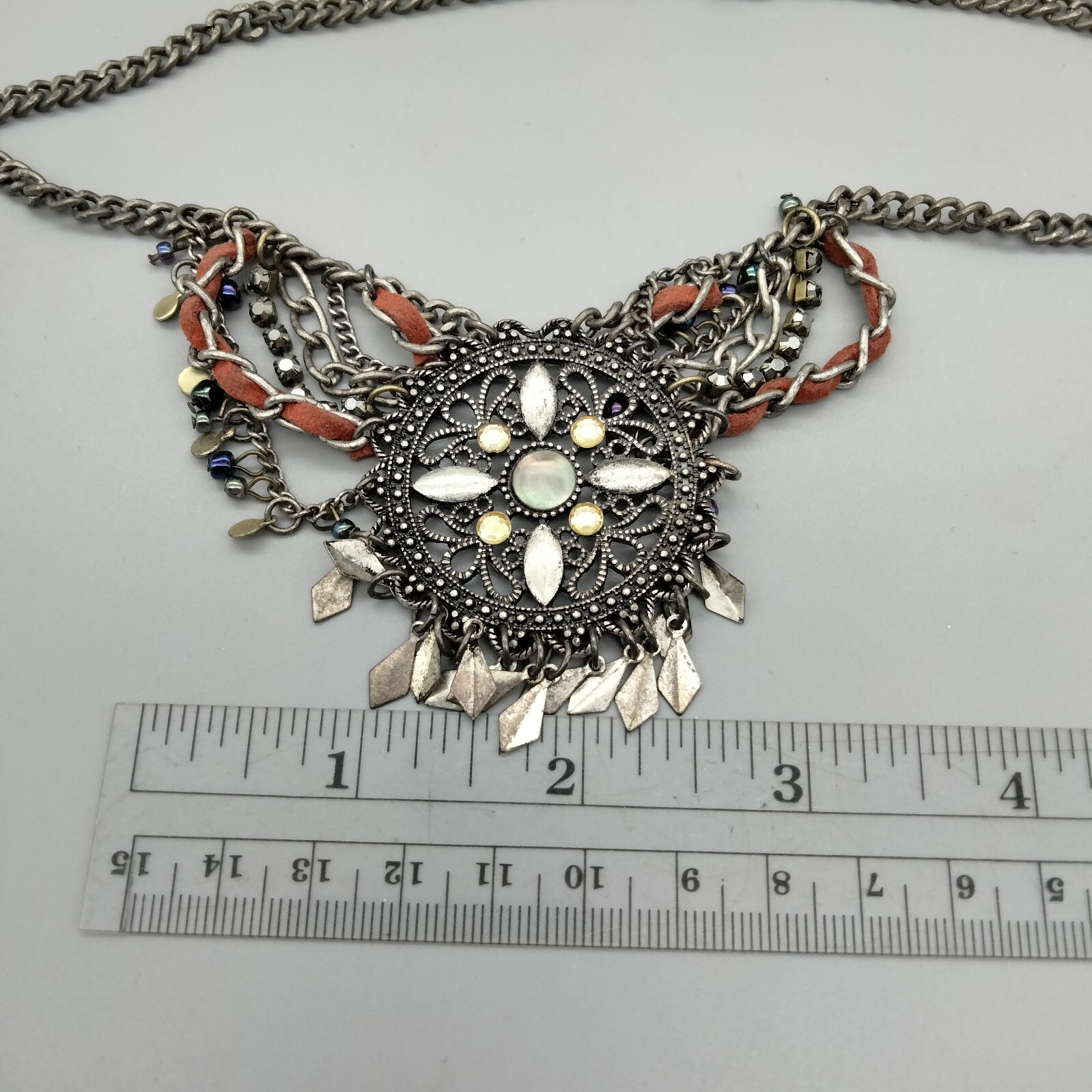 Boho Chic Western Fringe Faux Leather Adj Necklace 16″ Vintage Designer aeo Y2K