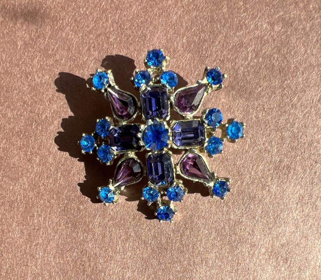 Silver Tone Blue And Purple Rhinestone Starburst Brooch app. 2″ Diameter