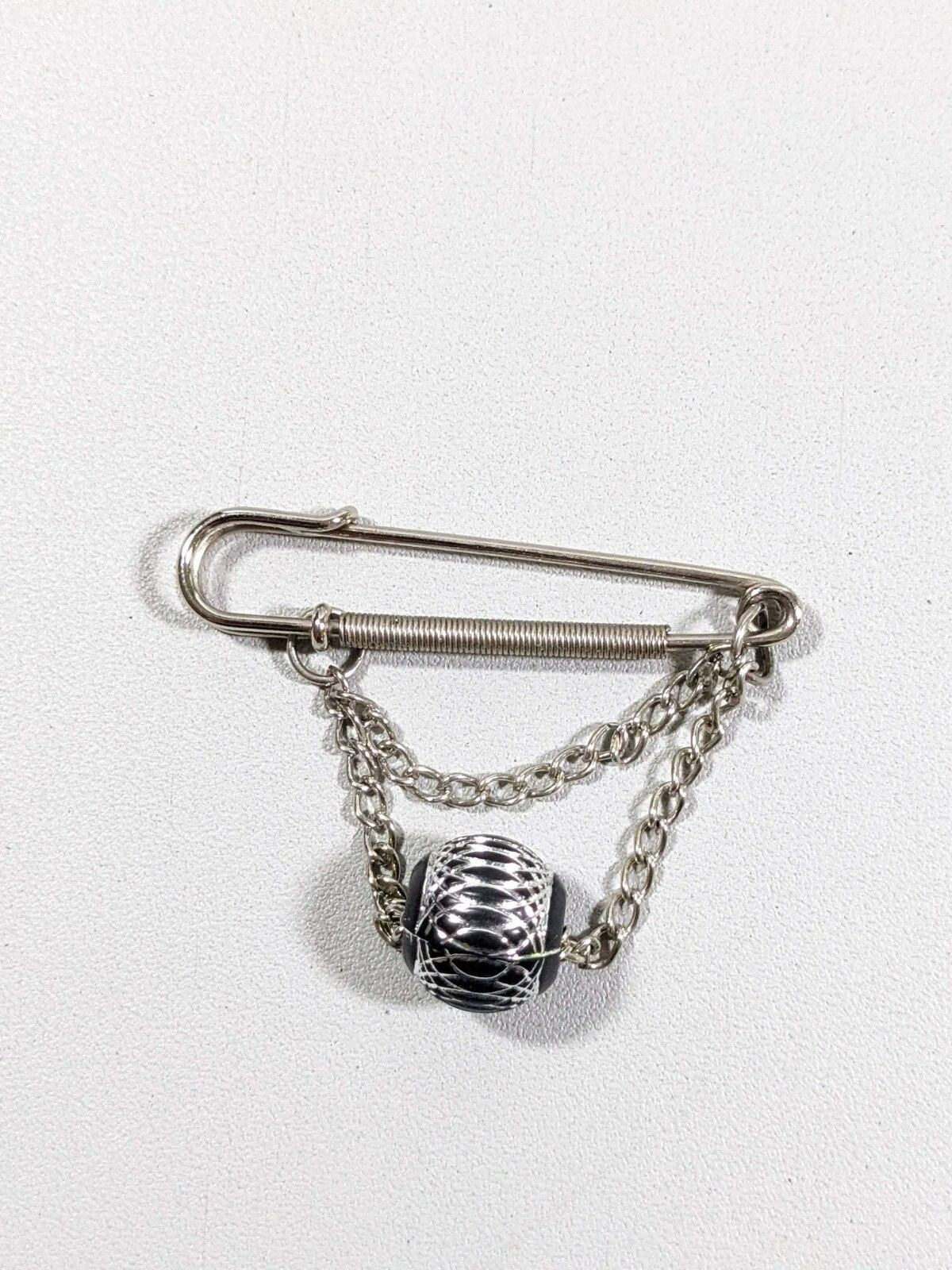 Silver Tone Safety Pin Brooch Charm Holder Black Bead with Chain