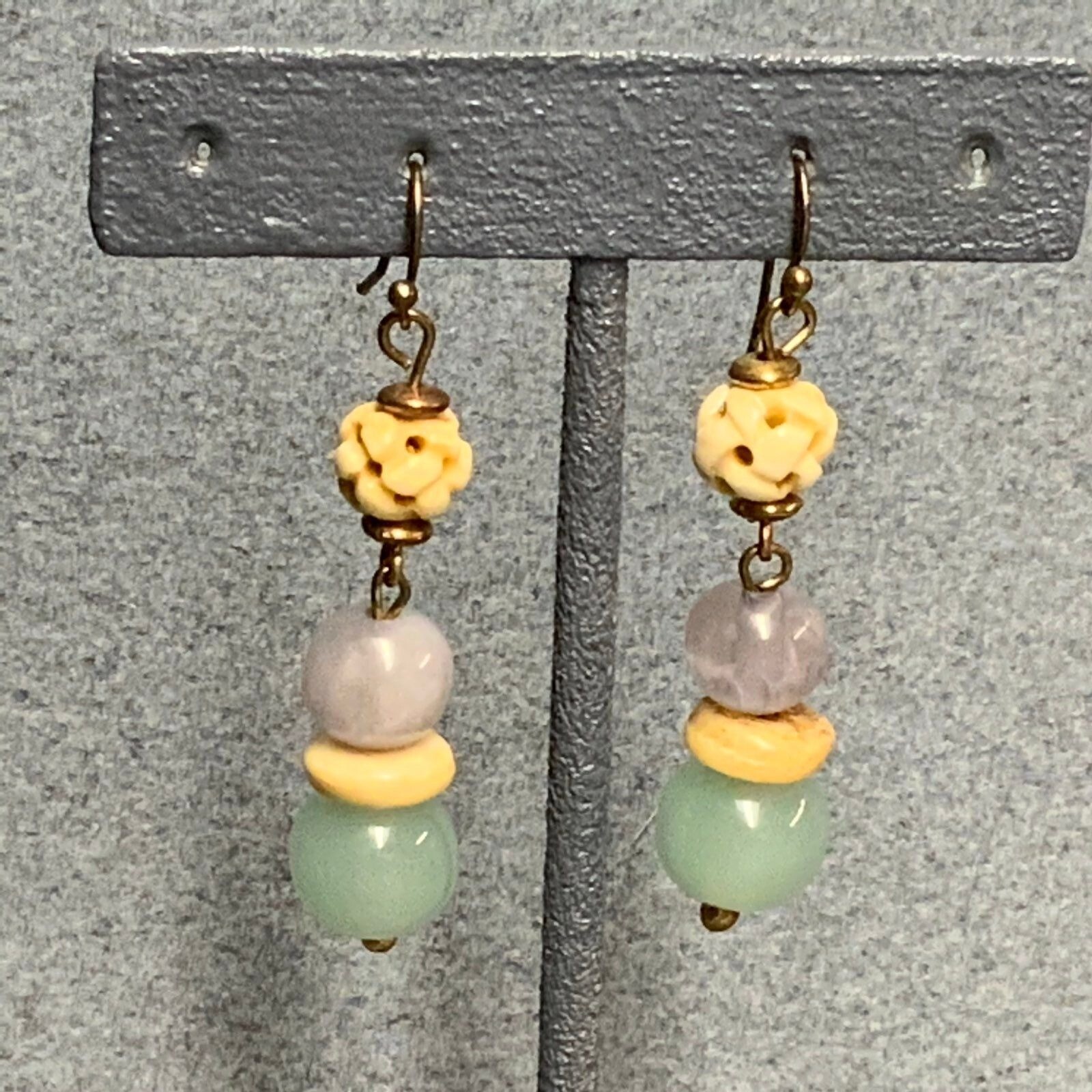 Cream Dangle Pierced Earrings As Is Green Purple Gold Glass Pierced Retro Boho