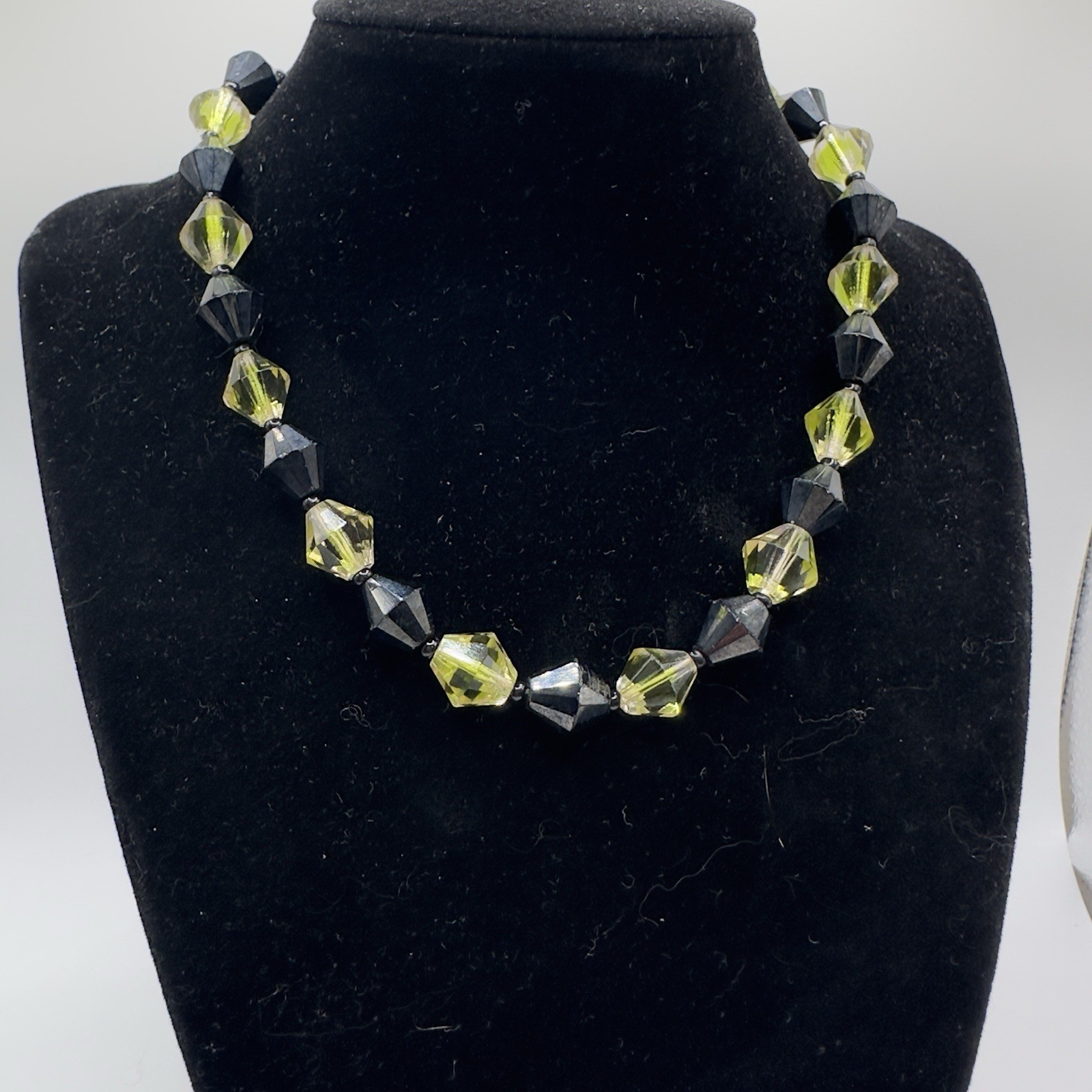 Vintage West Germany Necklace Black & Chartreuse Bicone Glass Bead Choker 15”