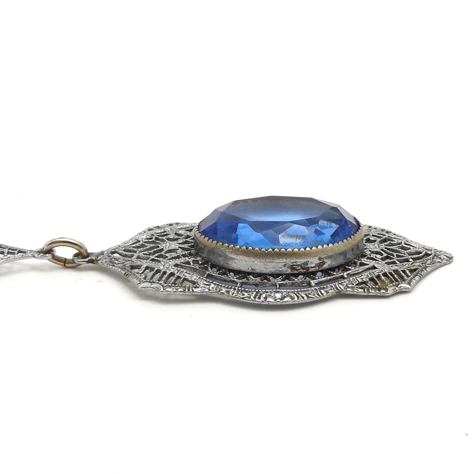 Art Deco Rhodium Blue Glass Pendant Necklace 15 To 17in