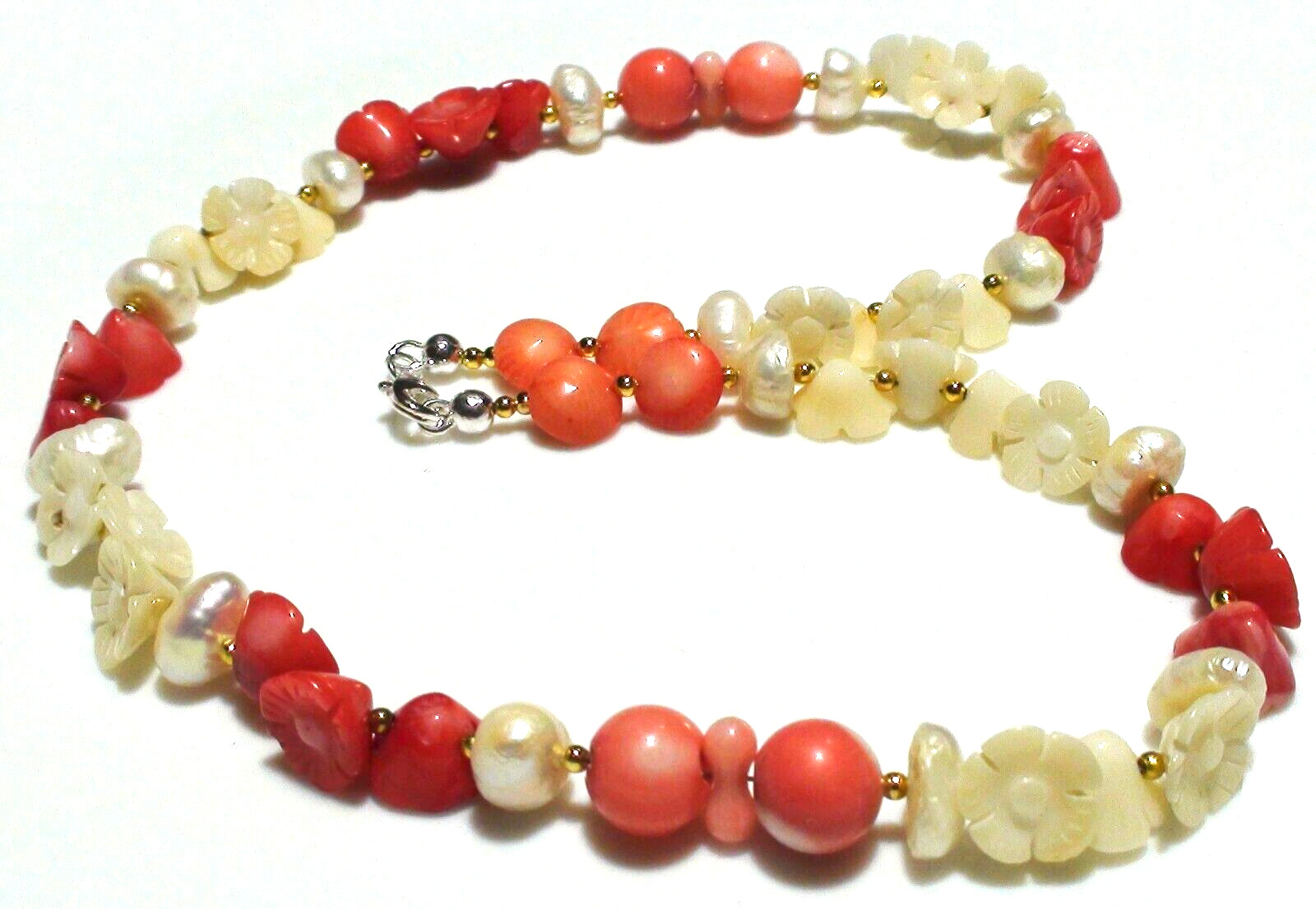 152.80ct 100% NATURAL SEA SALMON PINK,WHITE CORAL,PEARL 925 SSILVER CLASP NE-CE.