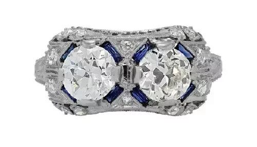 Art Deco Style Lab Created Diamond & Sapphire Wedding Ring 14k White Gold Finish