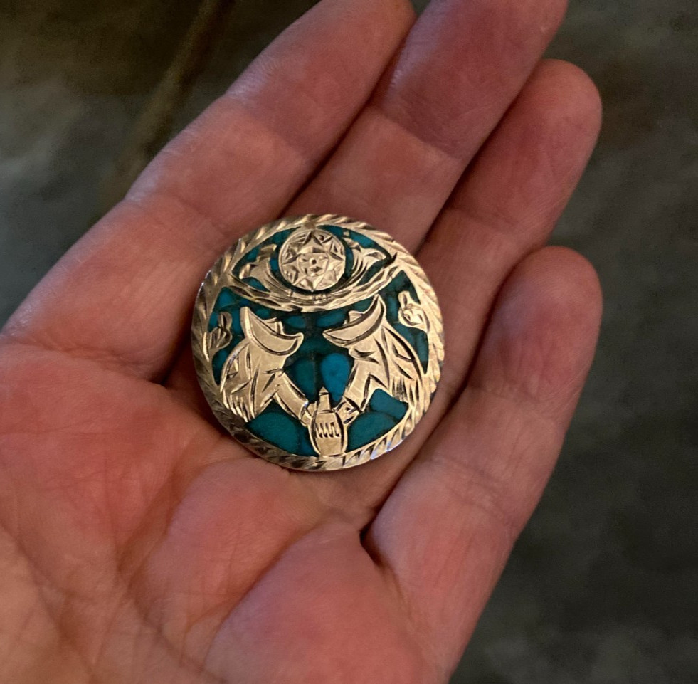 Vintage Mexico Sterling Silver & Inlaid Turquoise Pendant / Brooch Hand Made