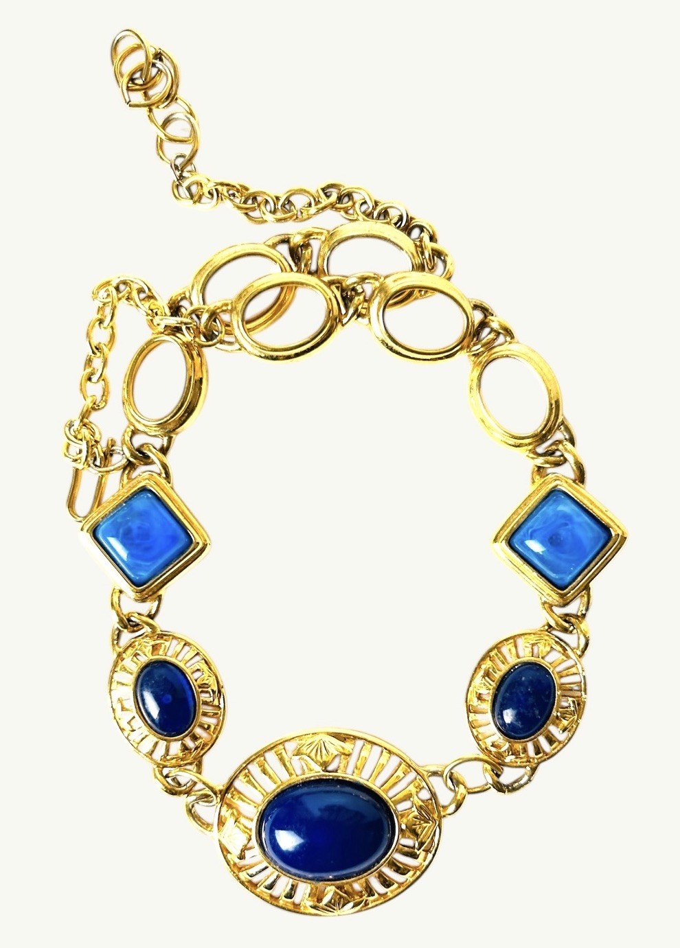 Vintage Etruscan Revival Necklace Chunky Blue Lucite Gold Tone Statement