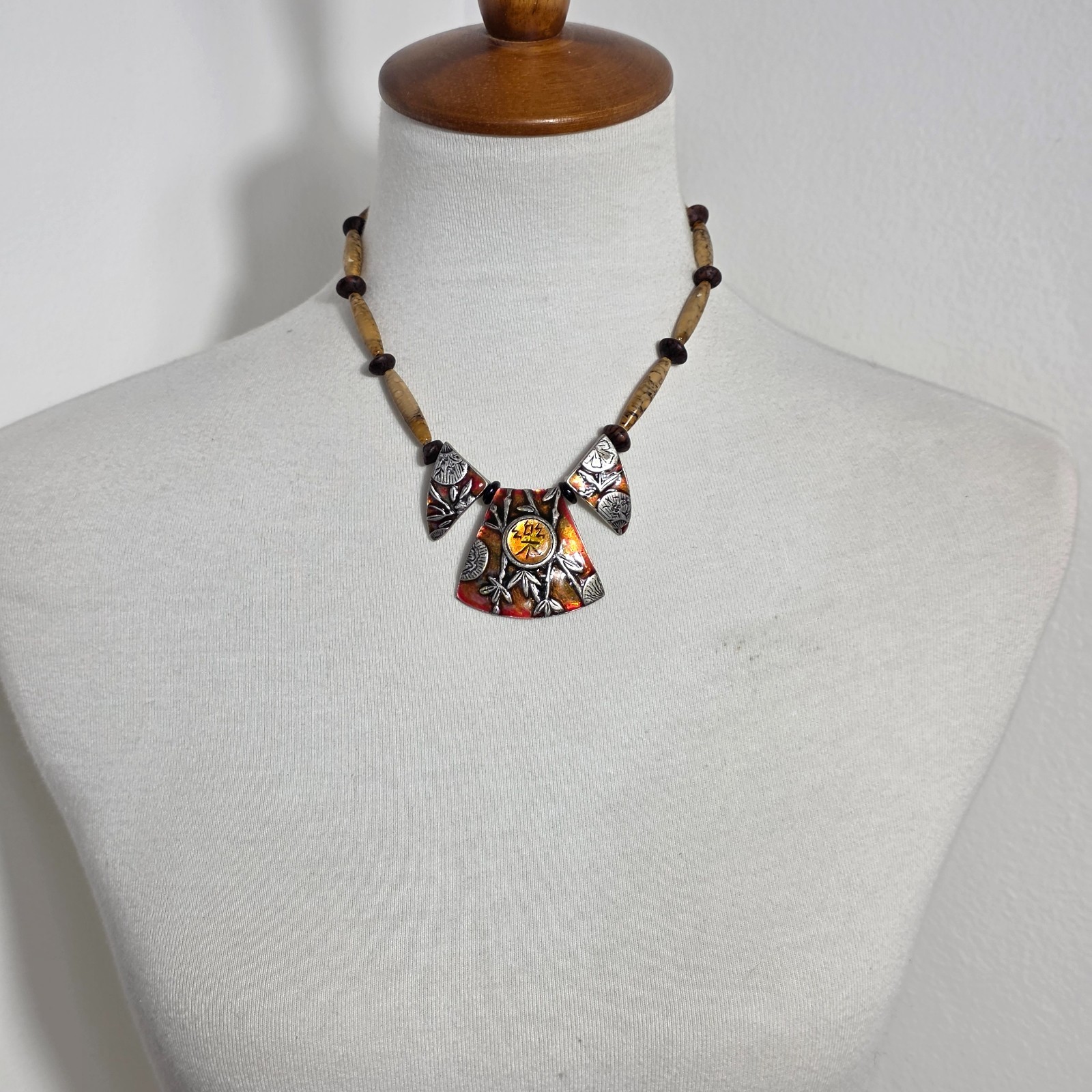 Chico’s Asian Inspired Necklace Three Metal Pendants with Bamboo & Asian Writing