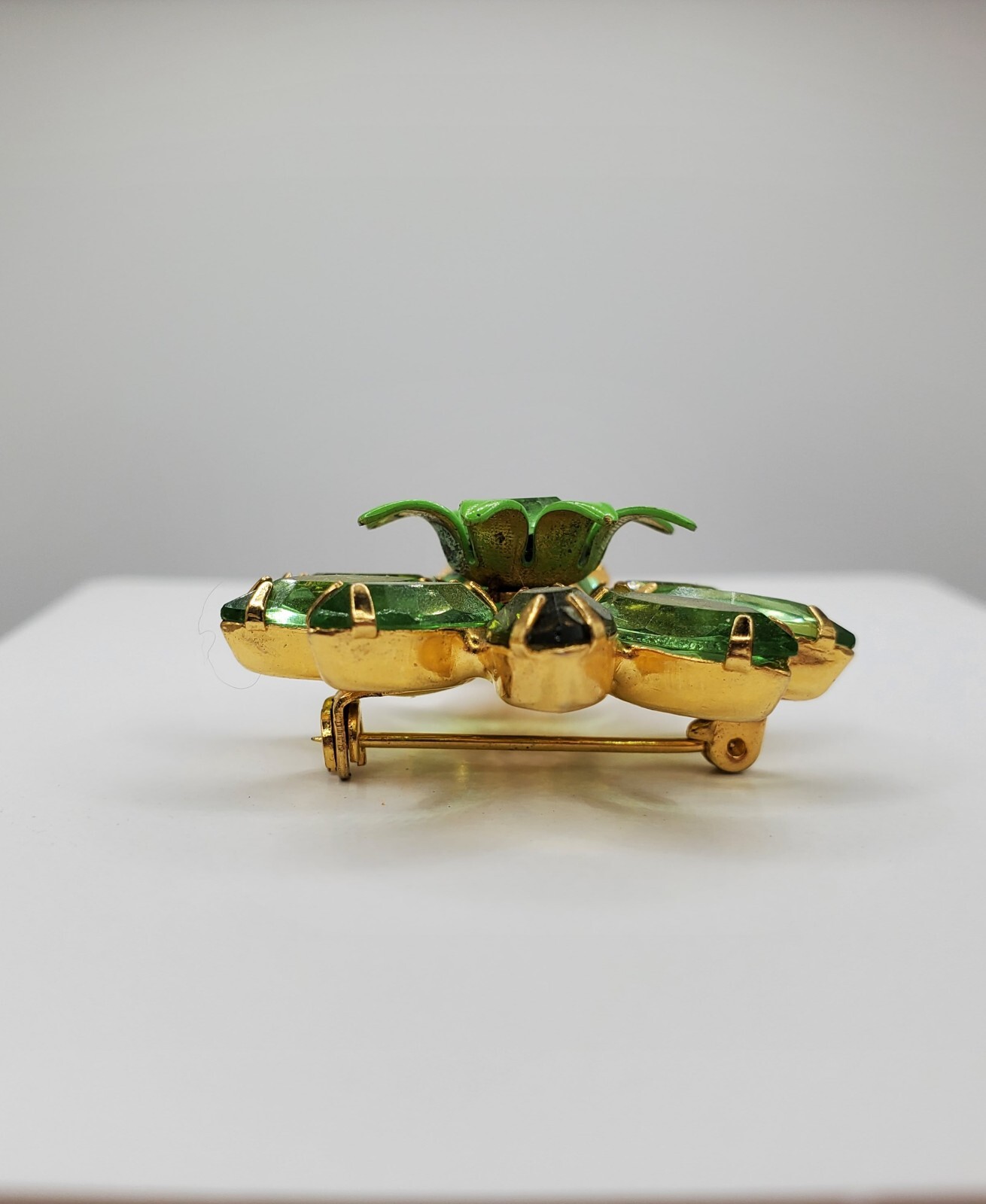 Vintage Adorable Open Back Green Glass , Rhinestones & Enamel Flower Brooch
