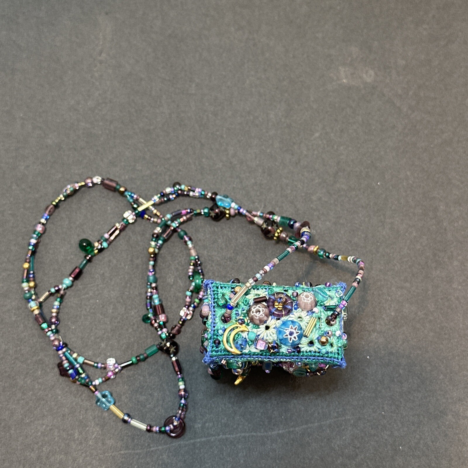 Vintage Handmade Blue Seed Bead Purse Necklace With Beaded Fringe-Bo Ho-Hippie