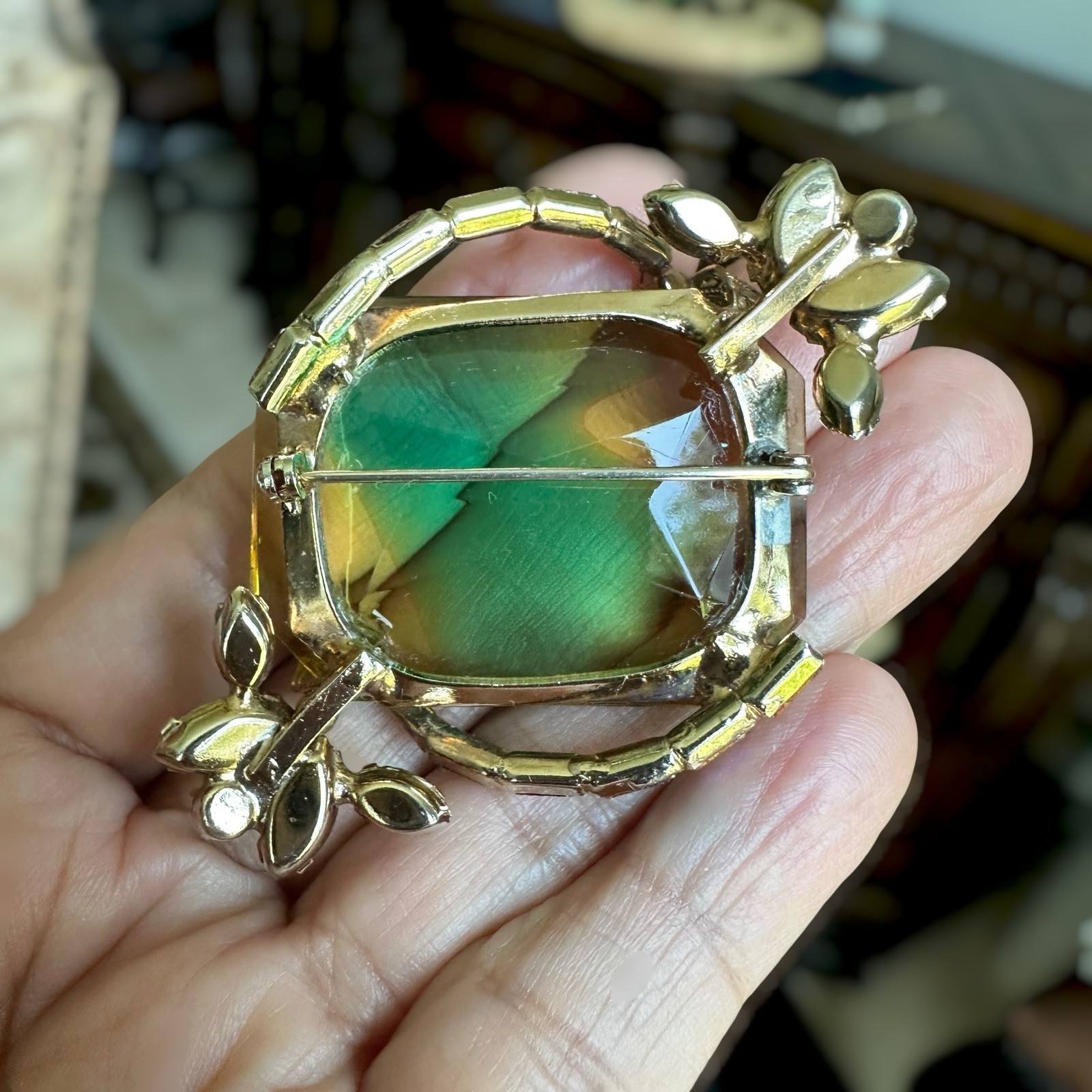 VTG Shadowbox Cocktail Brooch 2 Inch Vitrail Emerald Cut Blue AB Gold Filigree