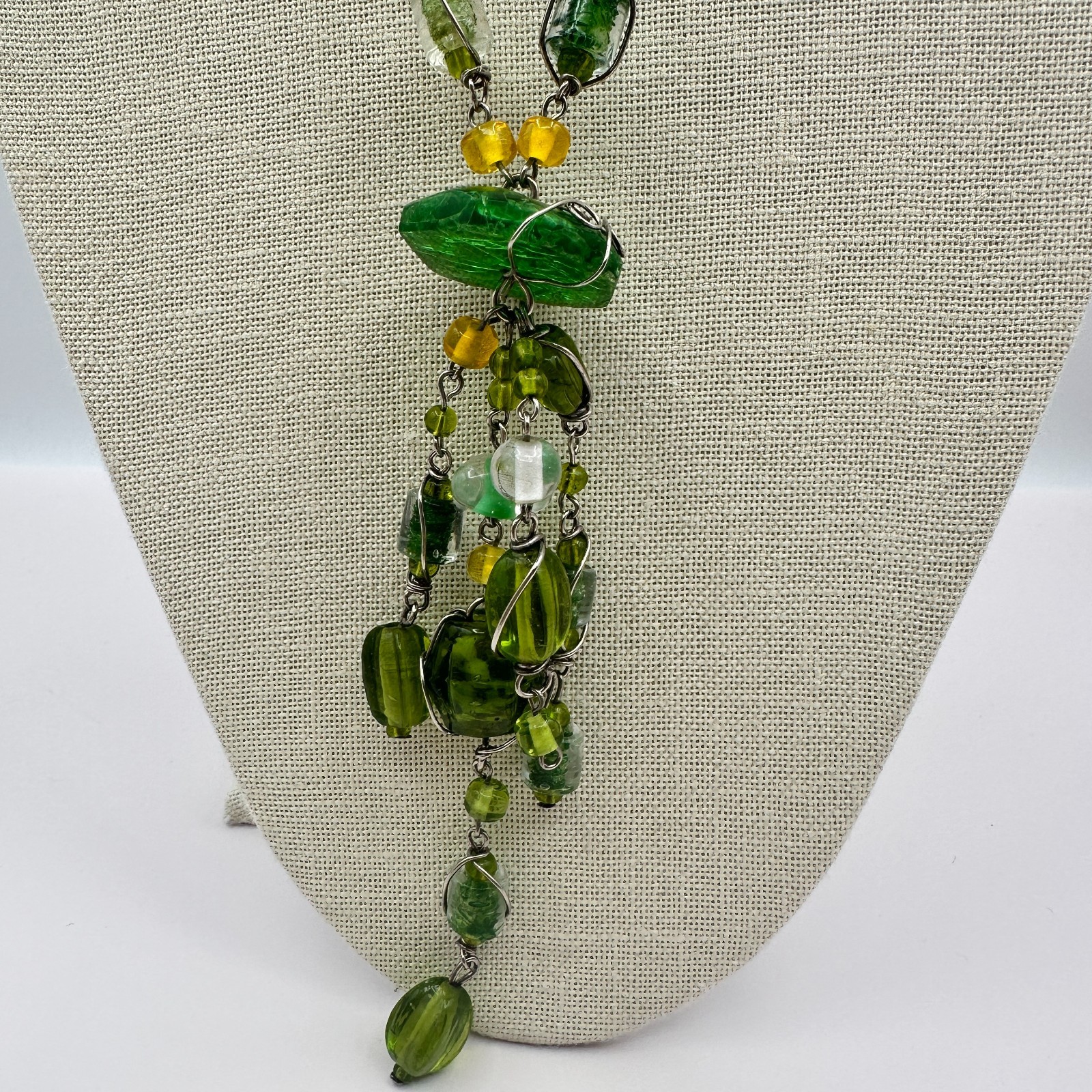 Vintage Green Glass Bead Tassel Necklace Wire Wrapped Yellow Crystal Y Drop Boho
