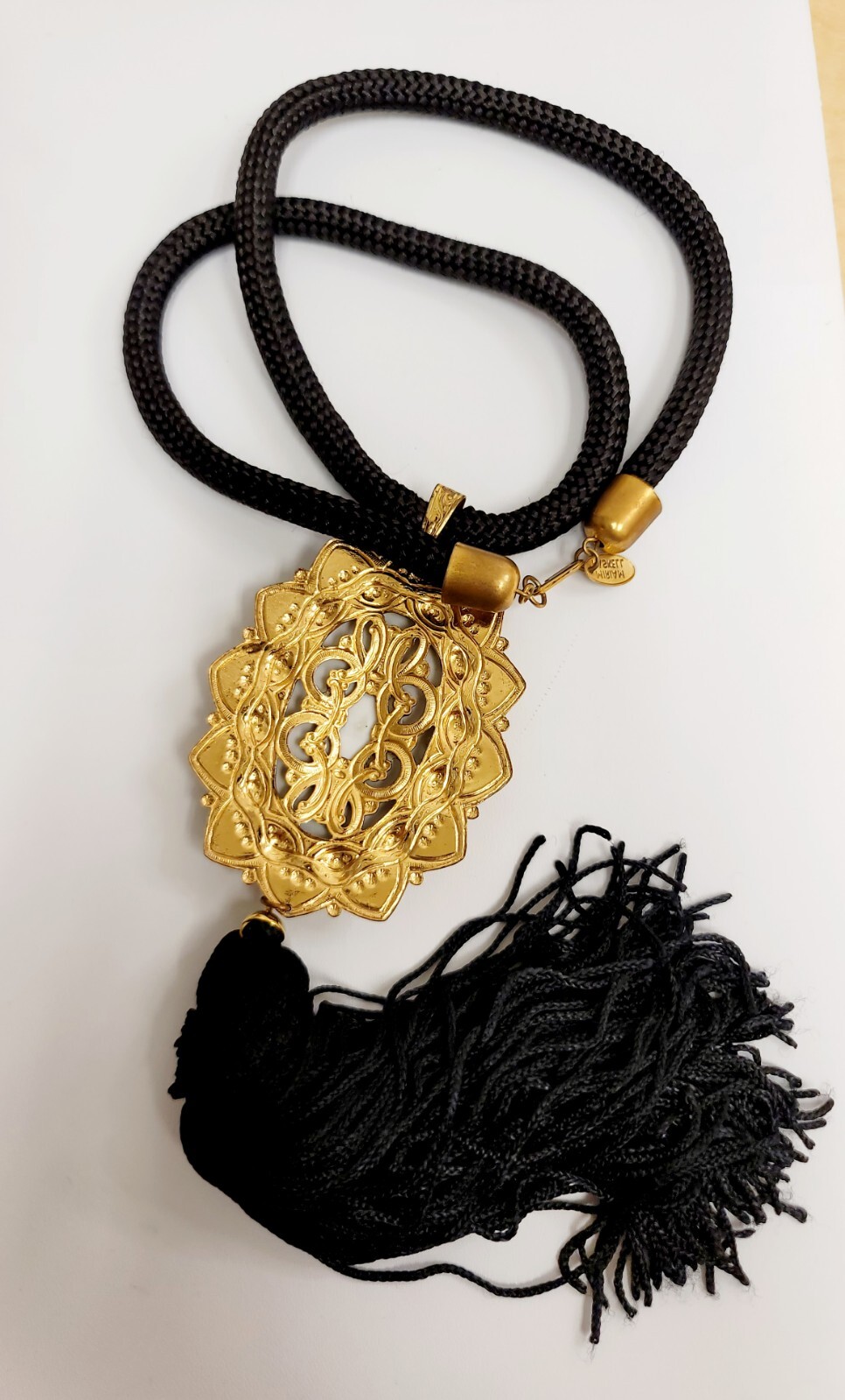 Vintage Miriam Haskell Necklace Large Floral Pendant On Black Cord With Tassel