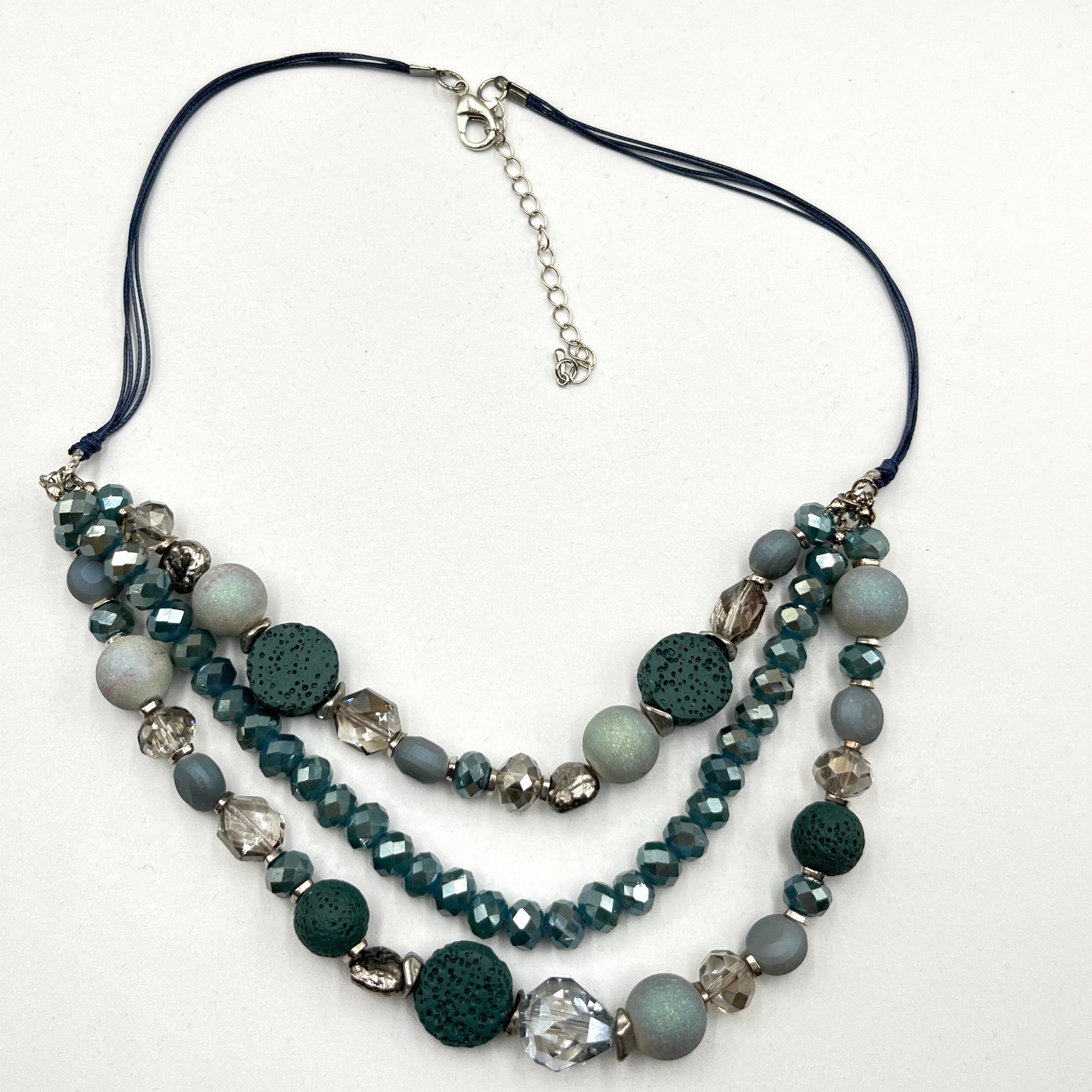 VTG Boho Slate Blue Multi-Strand Statement Necklace Lava Rock Beaded Layered Y2K
