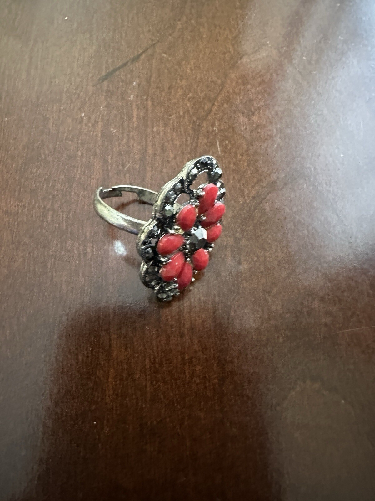 Designer Coral & Black Marcasite Adjustable Ring