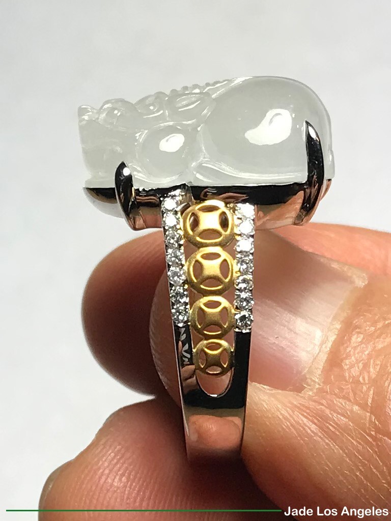 Pi Xiu Pixiu Icy Jadeite Jade 18K White/Rose Gold Diamond Ring 45ct Size:7.5