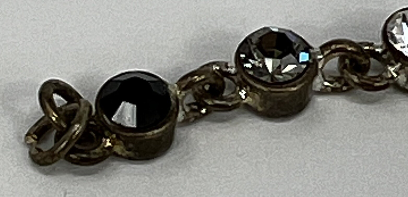 VTG Bracelet 7” Black Clear and Gray Rhinestones Brushed Antiqued Silver SEE