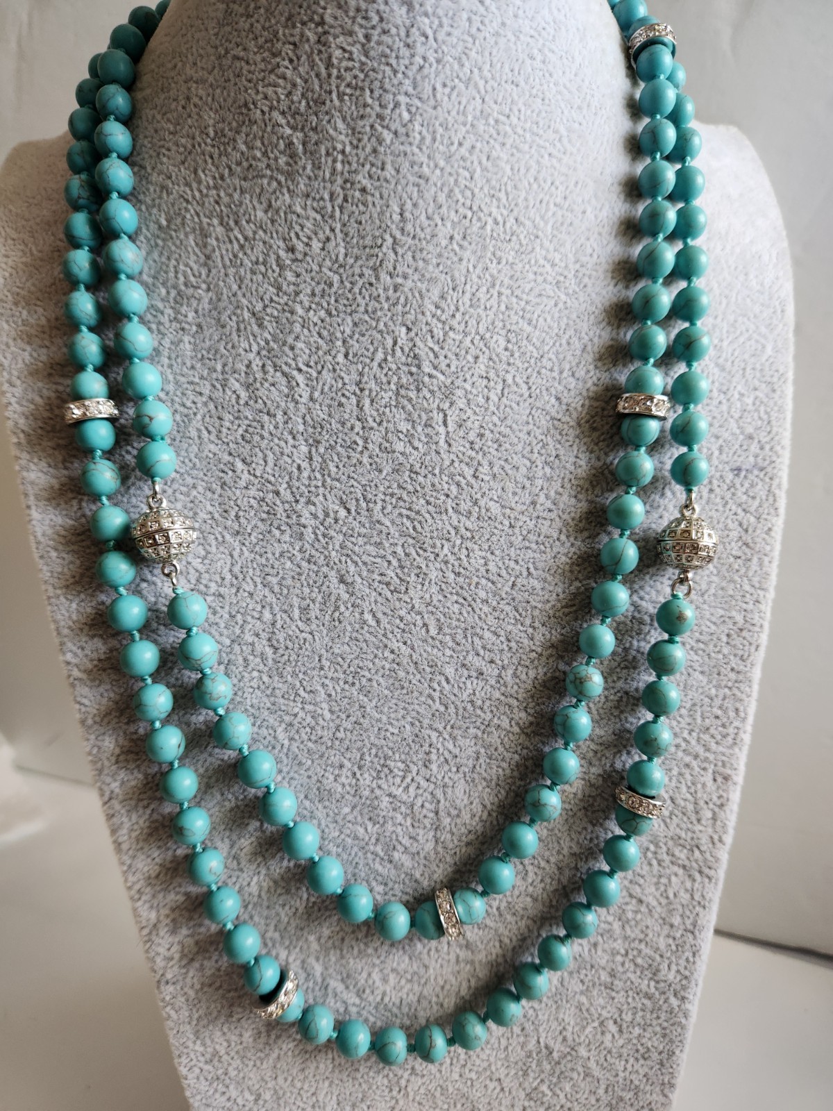 Vintage Genuine Turquoise Pave Rhines Hand Knot Necklace 50″ Mag Adjust 16 + 34