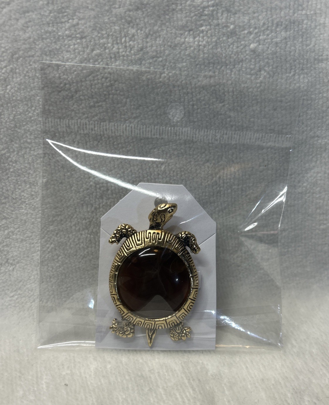 Vintage Gold Tone TURTLE Brooch w Tortoise Shell Glass Body