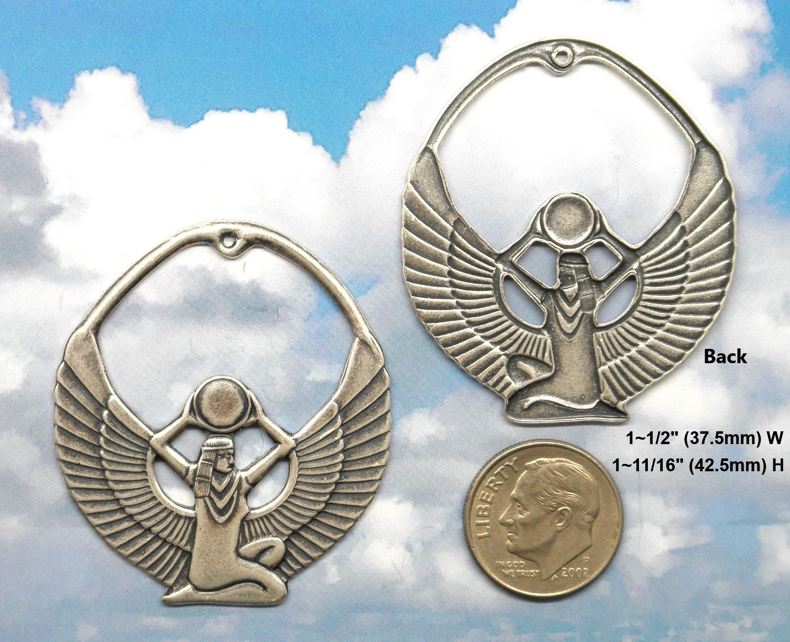 #0015 ANTIQUED .925 STERLING SILVER PLATED EGYPTIAN ISIS W/TOP HANG HOLE – 2 Pcs
