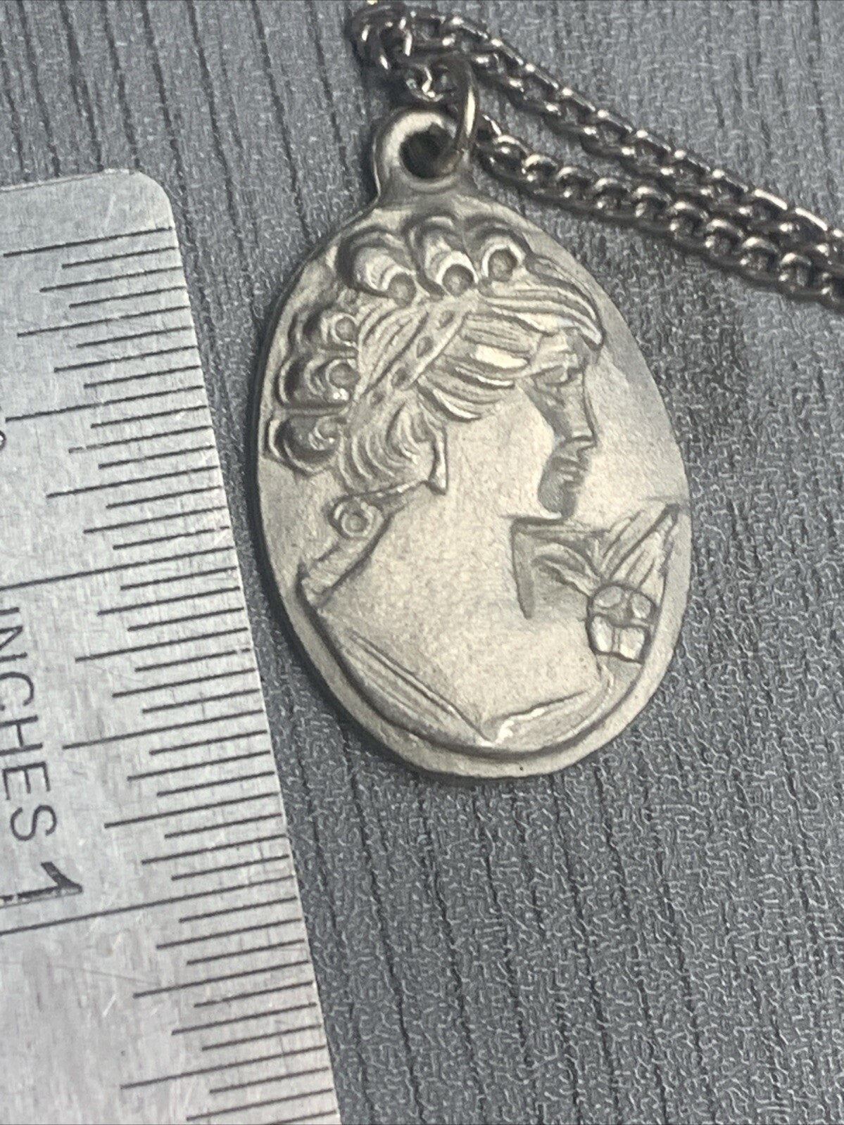 Vintage Pewter BDA First Cameo Hand Engraved Pendant Necklace 18”
