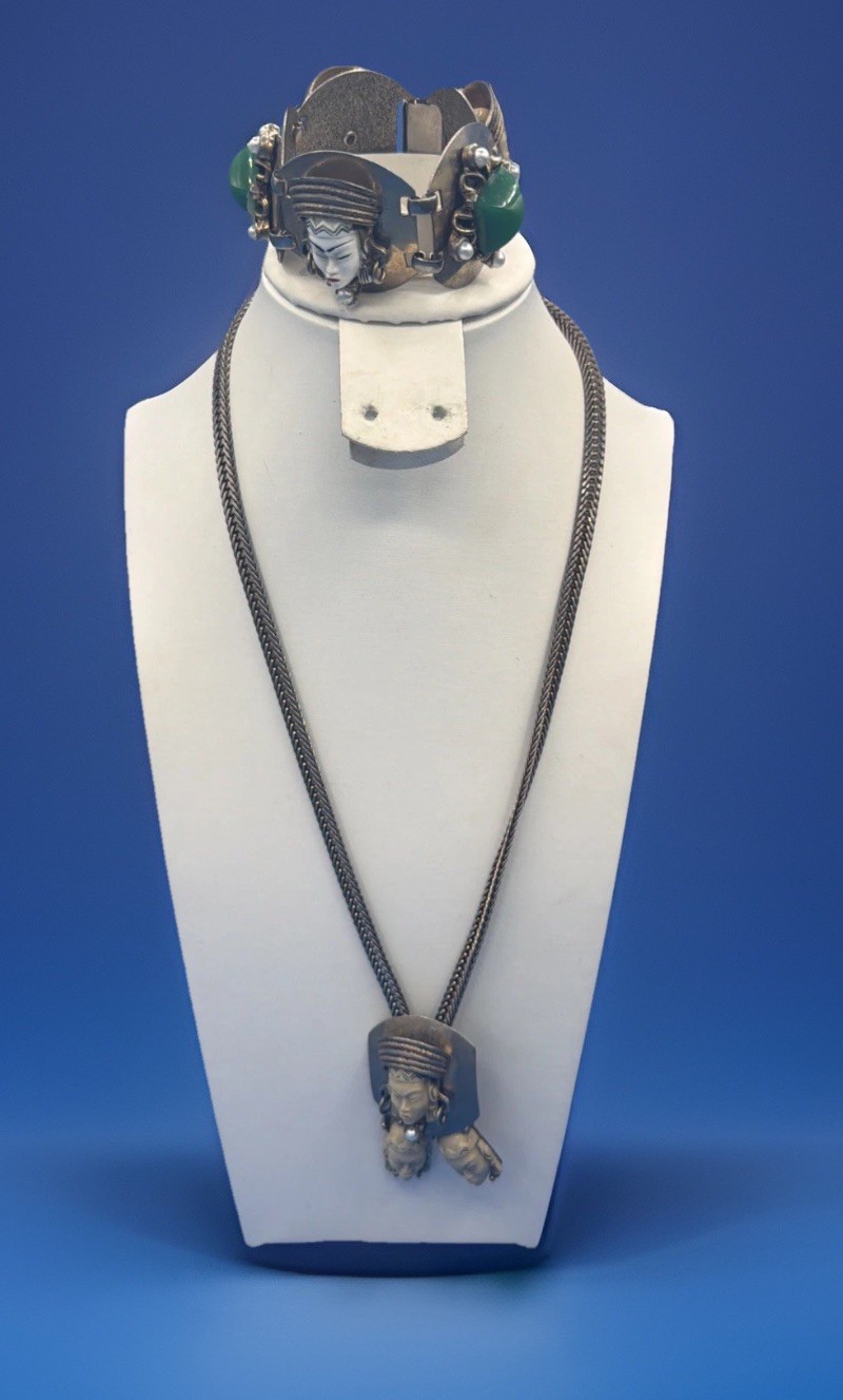 Vintage Sculpted Face Pendant Necklace & Green Stone Bracelet Set