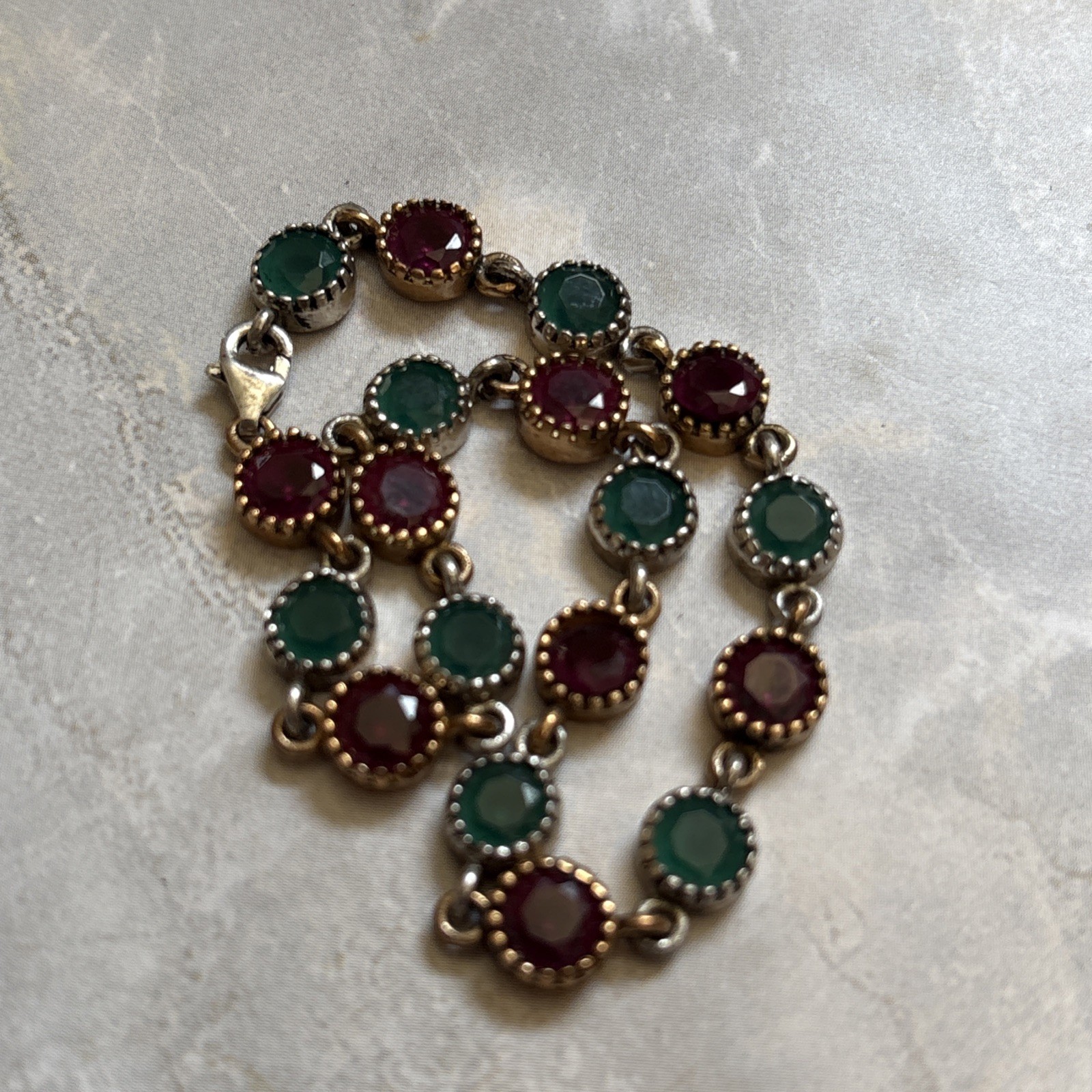 Vintage 925 Sterling Silver Two Tone Bracelet • Glass Cabochons • Mixed Metal