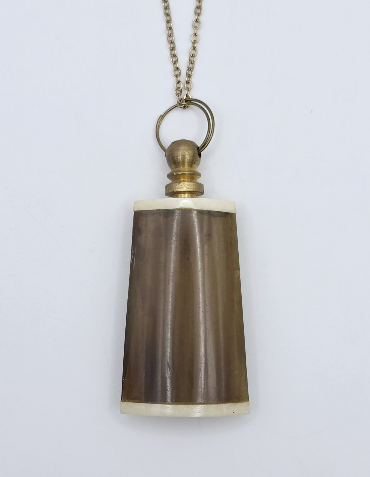 Antique Horn Snuff Bottle Pendant Necklace Brass Perfume Vial Dauber Wand 18″