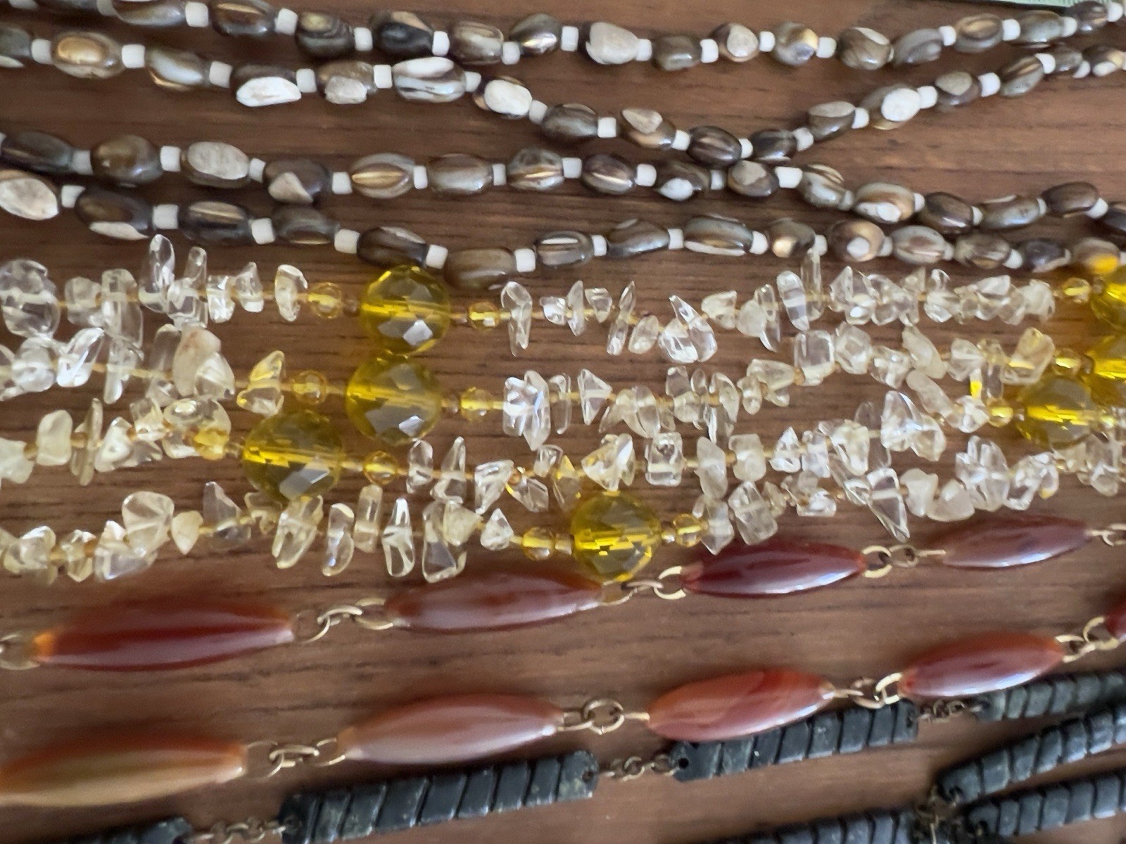 Vintage Lot – 4 Boho Necklaces: 20-48” – Moss Agate, Citrine, Trochus Shell Bead