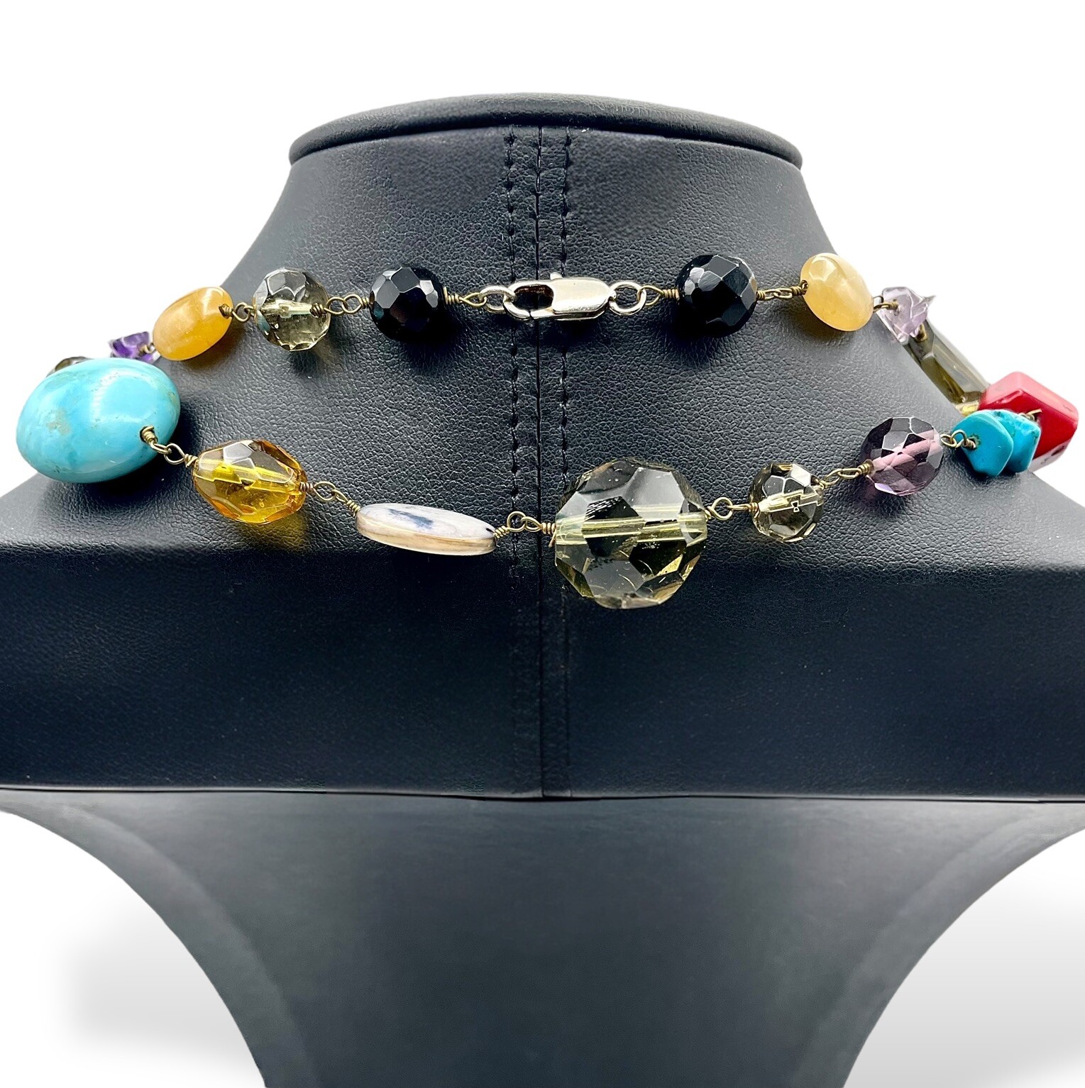 Vintage BOHO STATEMENT Necklace Multi Gemstones MOP Turquoise Etc 41” Fabulous!