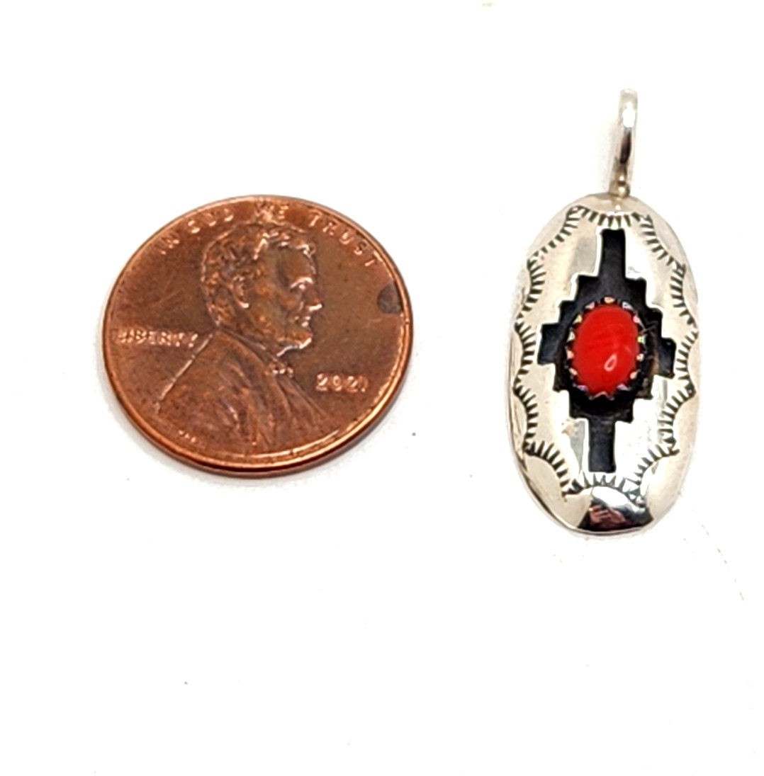 Sterling Silver Coral Cabochon Oval Shadowbox Pendant, Signed P, 1 1/8″ Tall