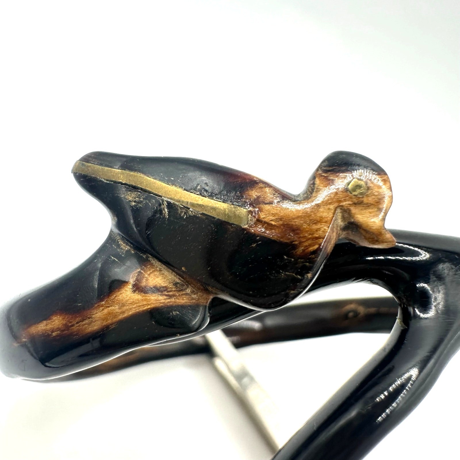 Vintage carved genuine black coral bird figural bypass bangle bracelet