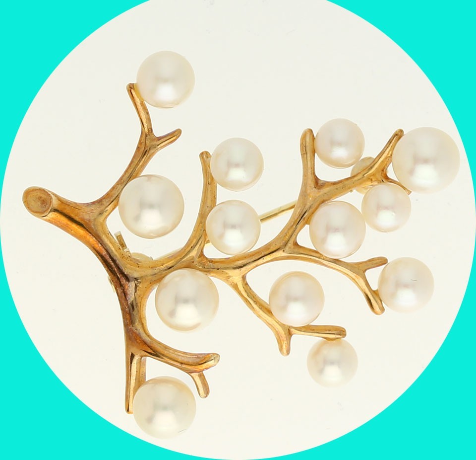 Vintage Estate Mikimoto Pearl Tree Of Life Pin Brooch 14K YG 1 ⅜” Long + Box