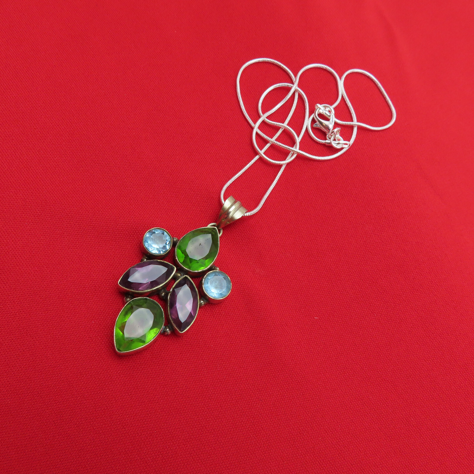Vintage Sterling Silver Necklace 2 inch Pendant Green Purple Blue Crystal 369c