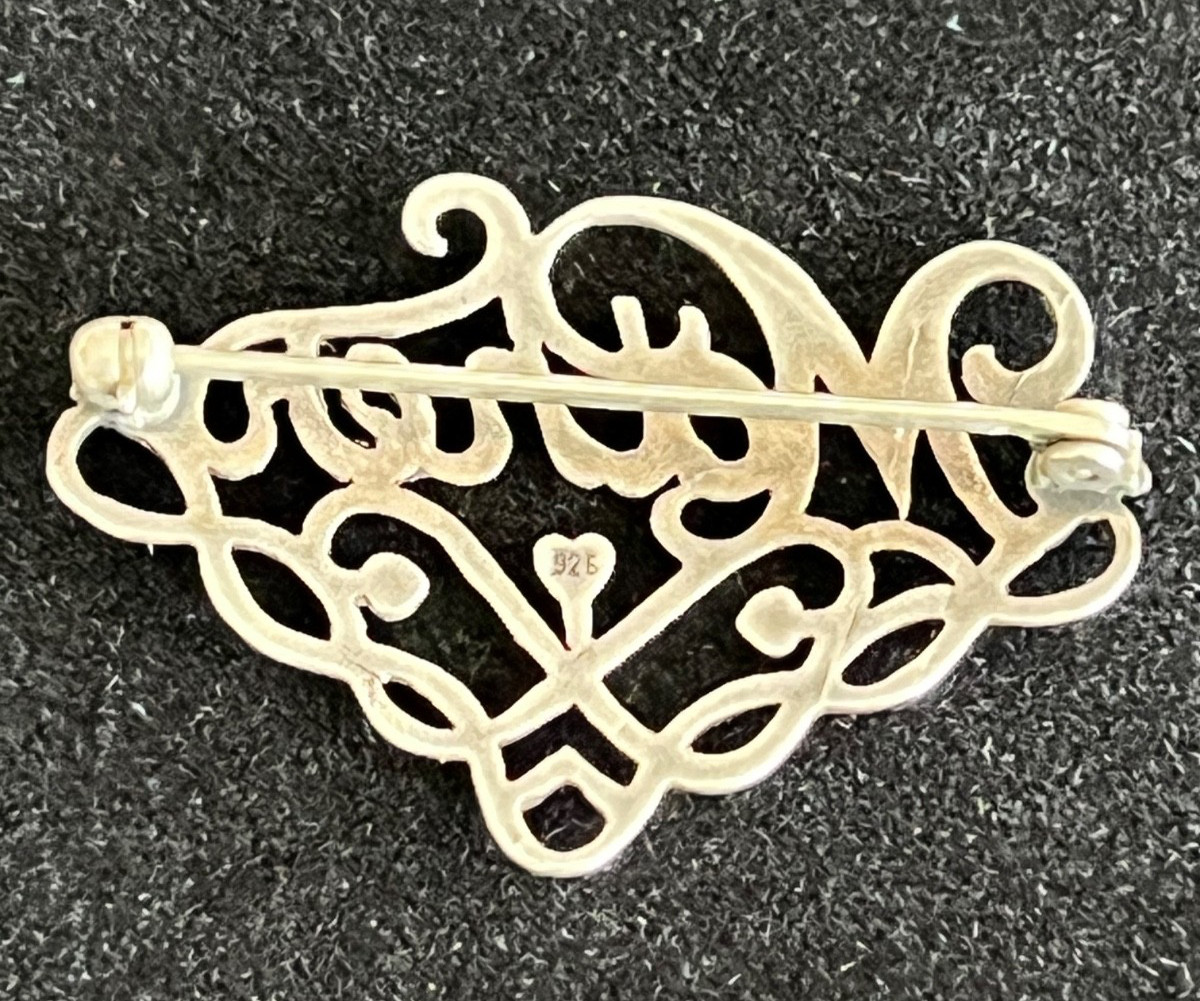Vintage 925 silver “Mother” pin/brooch with flowers, hearts, and flourishes